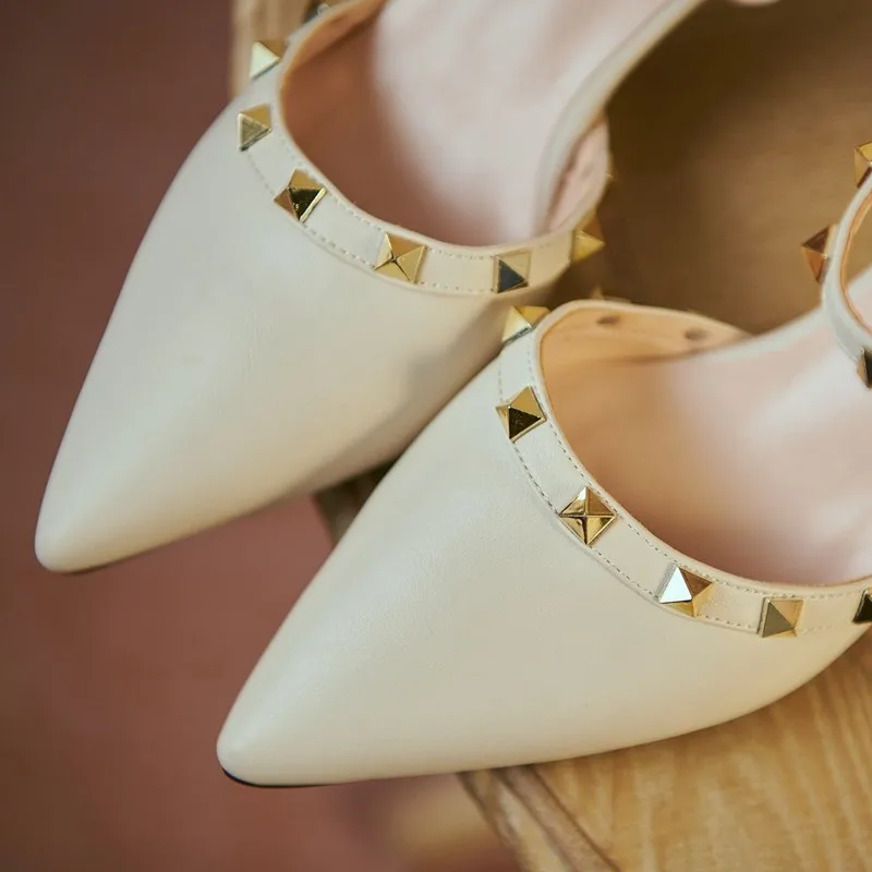 

Fashion Summer Rivets Women Slingback Sandals Pointed Toe Pu Leather Ankle Wrap Kitten Med Heels Ladies Party Shoes Size 41 42
