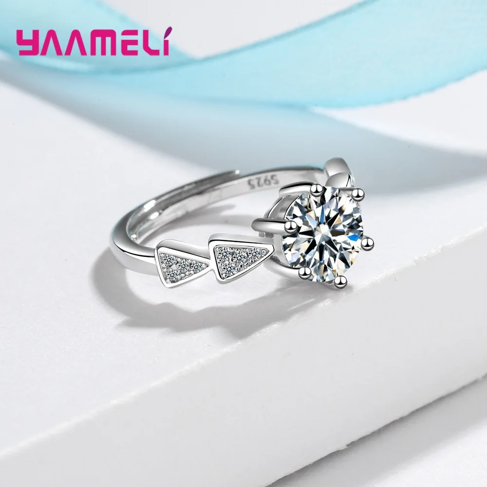 

New 100% 925 Sterling Silver Round AAA Clear CZ Triangle Fashion Finger Ring for Women Fine Wedding Jewelry Resizable
