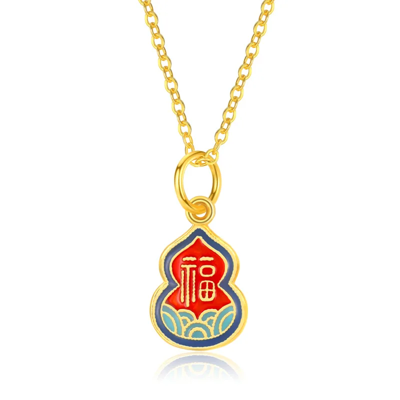

Enamel Painted Vintage 24K Imitation Gold Color Gourd Pendant Necklace Good Luck Beads and Golden Ruyi Lock Pendant Necklace