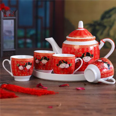 

Ceramics Tea Set Creative Wedding Teapot Love Each Other Red Wedding Gift Tea Cup Cold Water Bottle Gift Kung Fu Porcelain Set