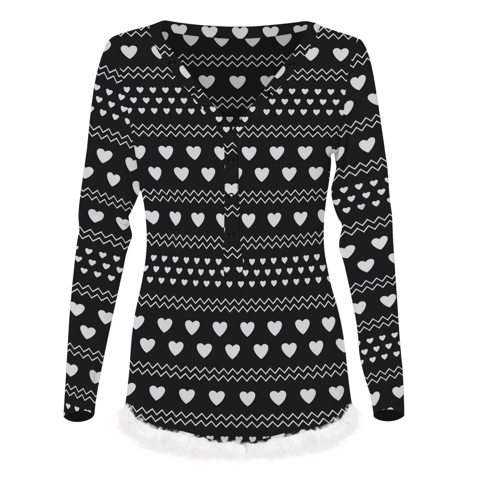 

Short Jumpsuit Women's Heart Print Button-down Front V-neck Buttoned Flap Plush Playsuits Rompers Onesie Pajamas A50