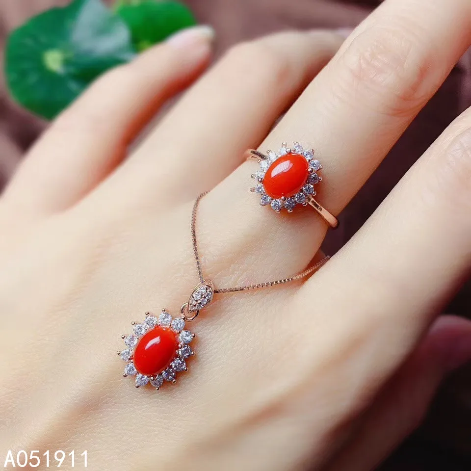 KJJEAXCMY fine jewelry natural red coral 925 sterling silver women pendant necklace chain ring set support test popular