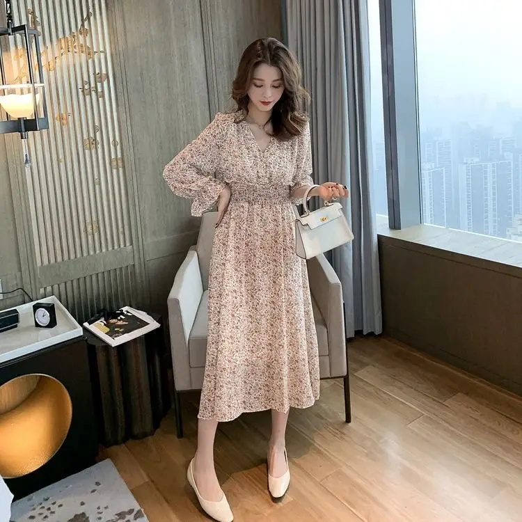 

Fashion Floral Print Women Dresses Autumn Elegant Draped Design Single Breasted Long Dress High Waist Bohemian Dress Vestidos