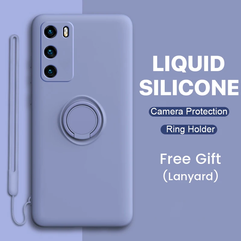 

Мягкий жидкий силиконовый чехол для Huawei p40, p30, p20, Mate 30, 20, Nova 7, SE, Honor 20, 30 Pro, Защита камеры, чехол с кольцом-держателем для автомобиля