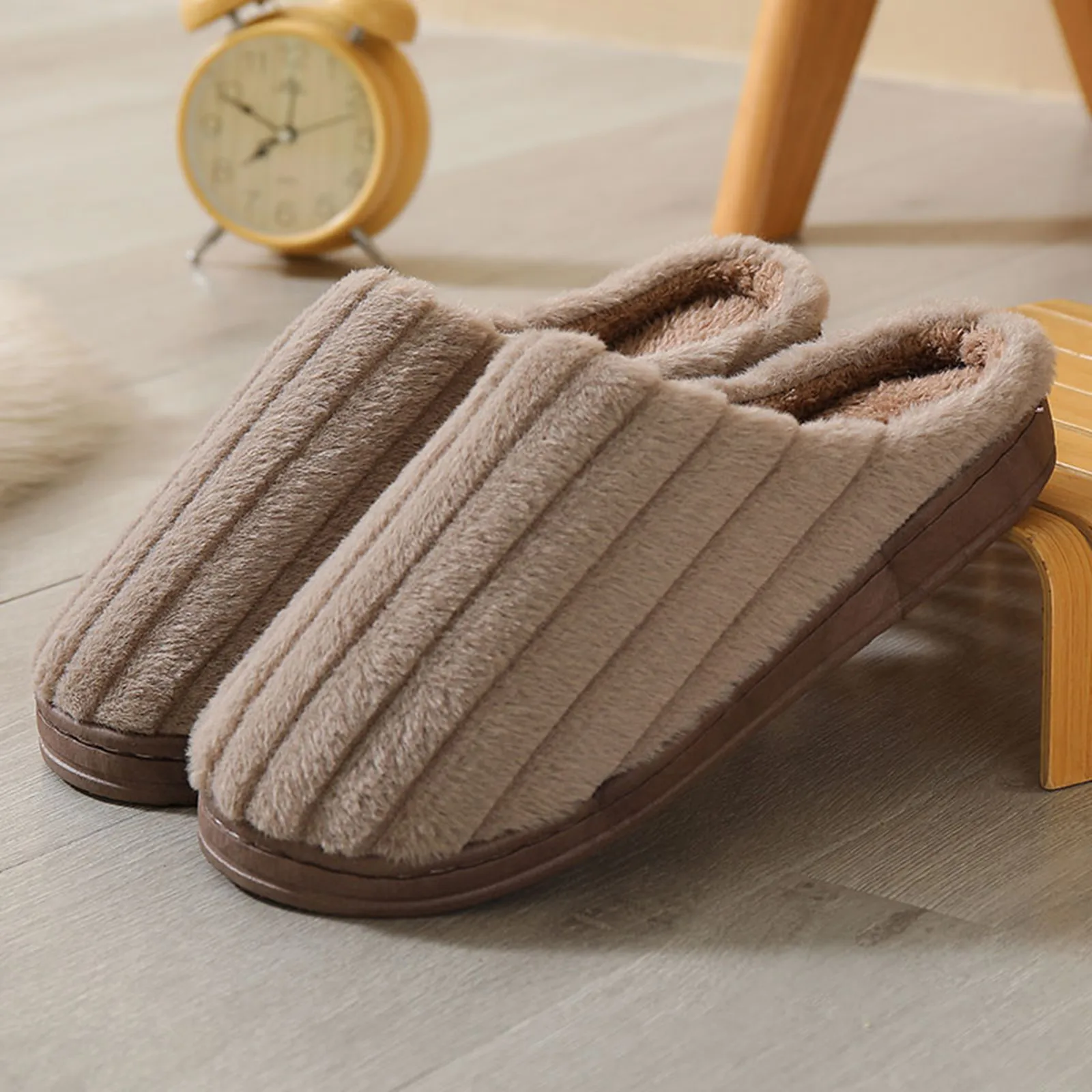 

Mens Winter Warm Home Slippers Couple Shoes Plush Solid Non-slip On Soft Sole Indoor Flats Comfort Cotton Slippers High Quality
