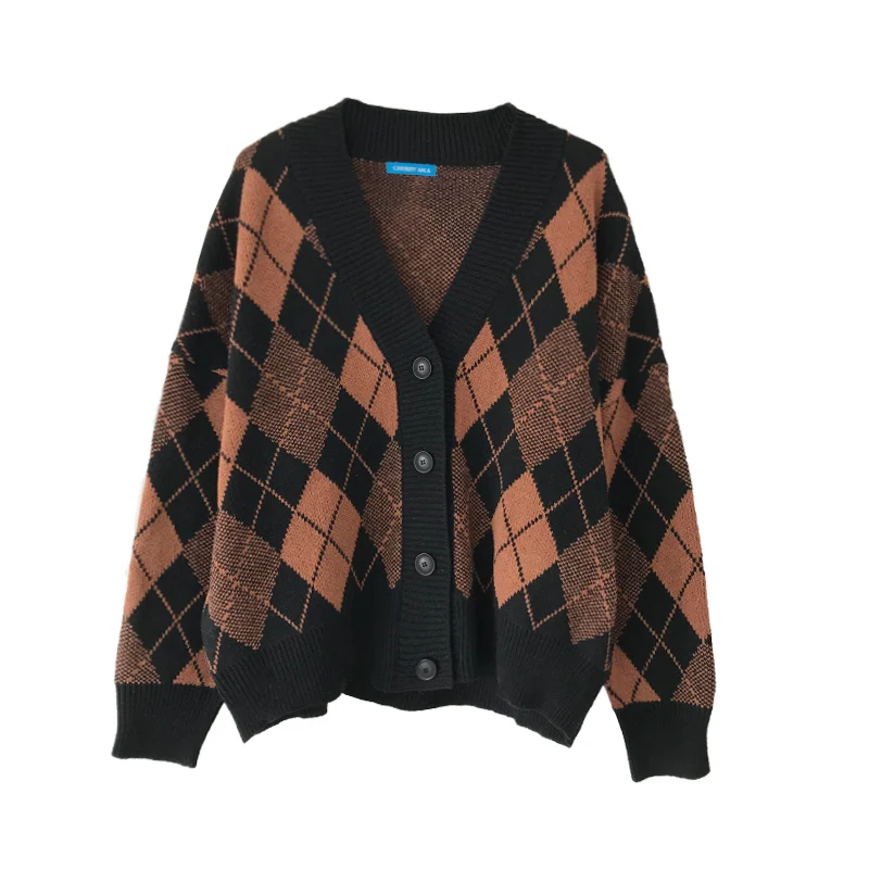 

CBAFU Argyle Plaid Sweater Cardigan Women Single Breasted Casual Knitted Jumpers Long Sleeve Autumn Winter Korean Coat 2020 F790