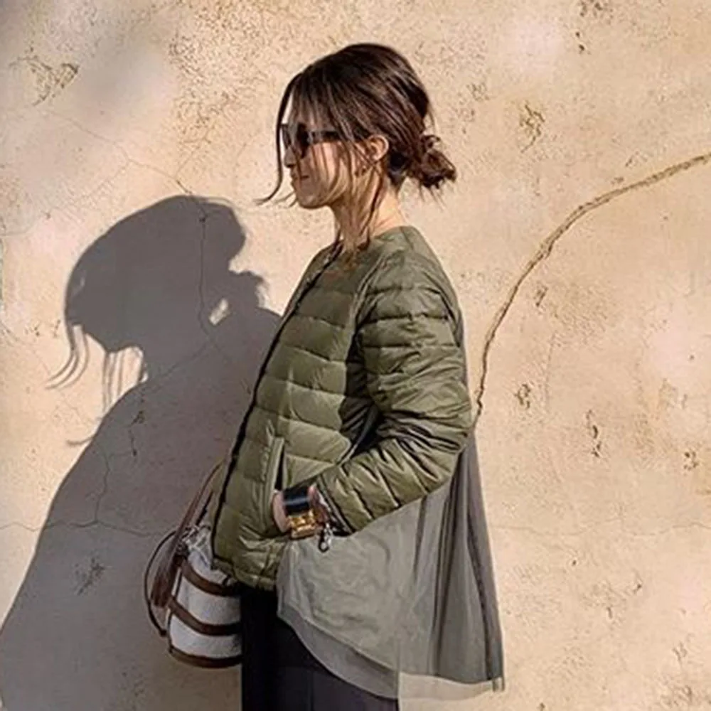 Cotton Padded Jacket Women Fashion Army Green Korean Style Mesh Patchwork Parka Coat Autumn Winter Outwear Overcoat Down Jackets