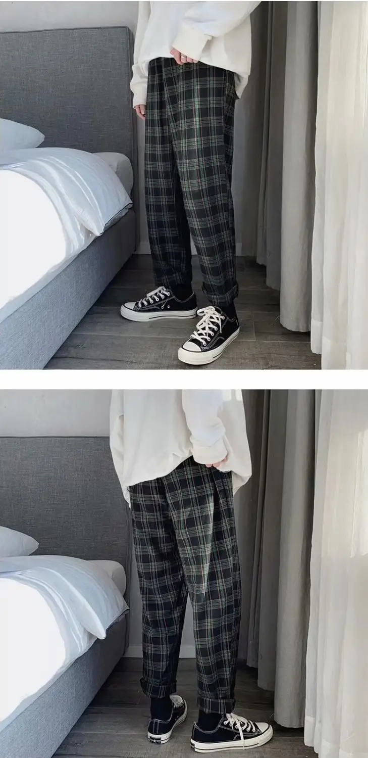 

Men Women Korean Green Plaid Casual Pants 2020 Mens Streetwear Harem Pants Male Checkered Trousers Plus Size