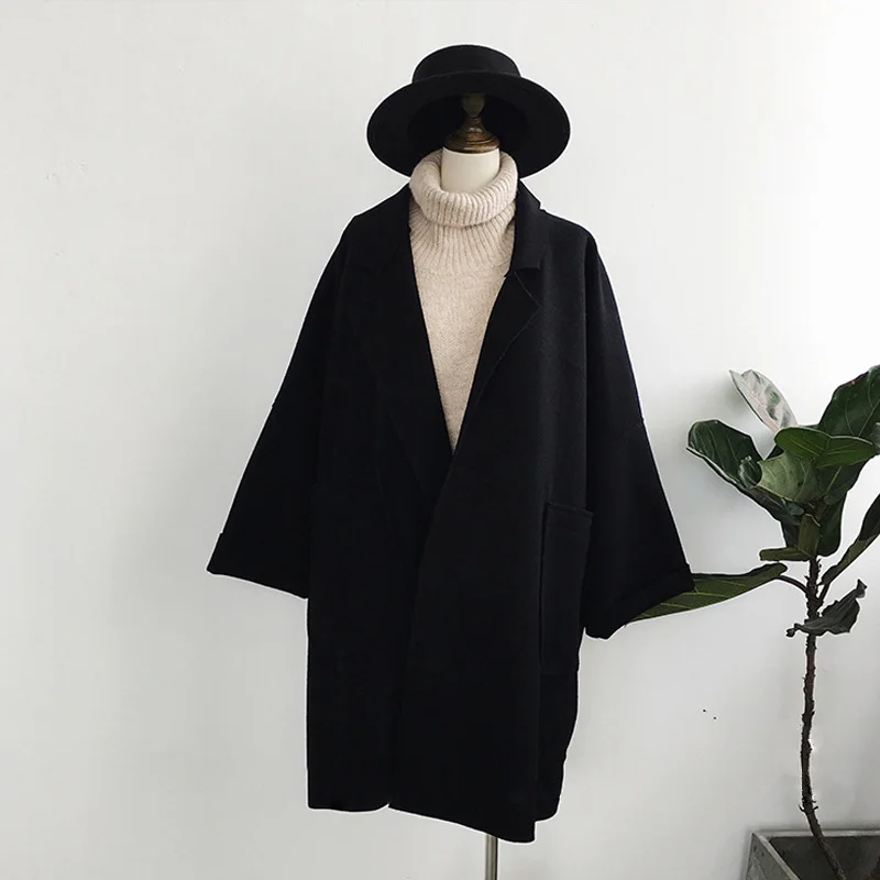 NORMOV повседневное свободное Женское шерстяное пальто, однотонный отложной воротник, длинный рукав, карманы, пальто из полиэстера, Осень-зима, плащ шерстяное пальто