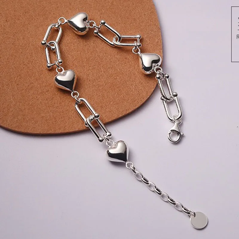 MEWANRY 925 Steamp U Shaped Chain Bracelets for Women New Trendy Elegant Smooth LOVE Heart Punk Party Jewelry Wholesale | Украшения и