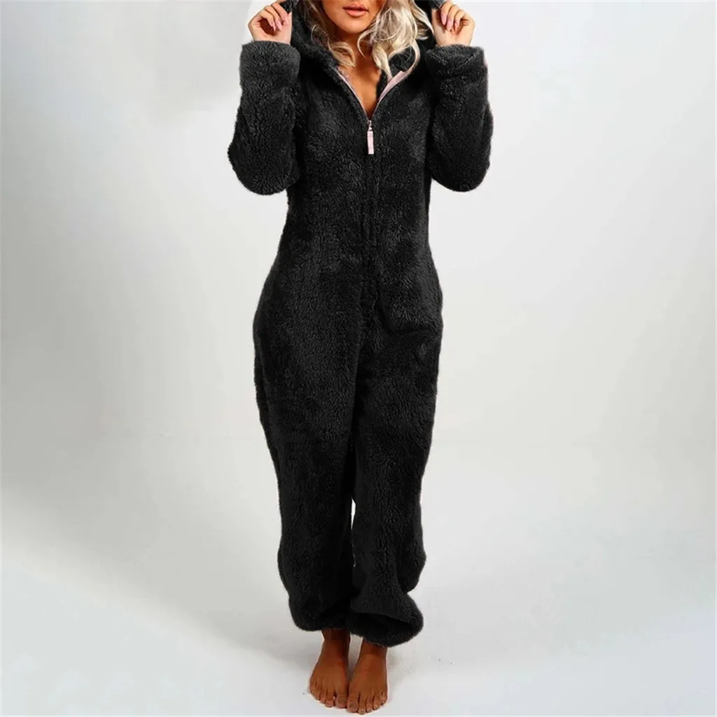 2021 Large Bodysuit Autumn Winter Cute Fleece Plush Warm Hooded Pajamas Women Long Sleeve Loose Jumpsuit S-XL Casual Zipper