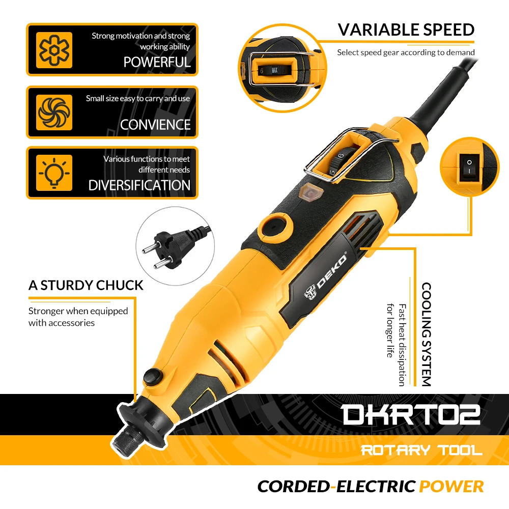 DEKO-Taladro eléctrico pequeño para el hogar, kit de herramientas rotativa de mini amoladora con perforación de pulido y corte con accesorios dremel, frecuencia de 50hz y voltaje de 220V