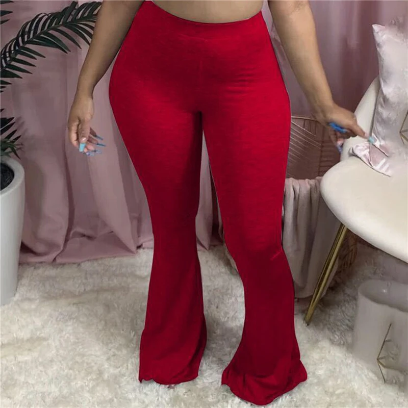 

Women Casual Solid Color Pants Ladies Quality Elastic Wide Leg Flare Pants Woman Slim High Waist Pants For Female Plus Size