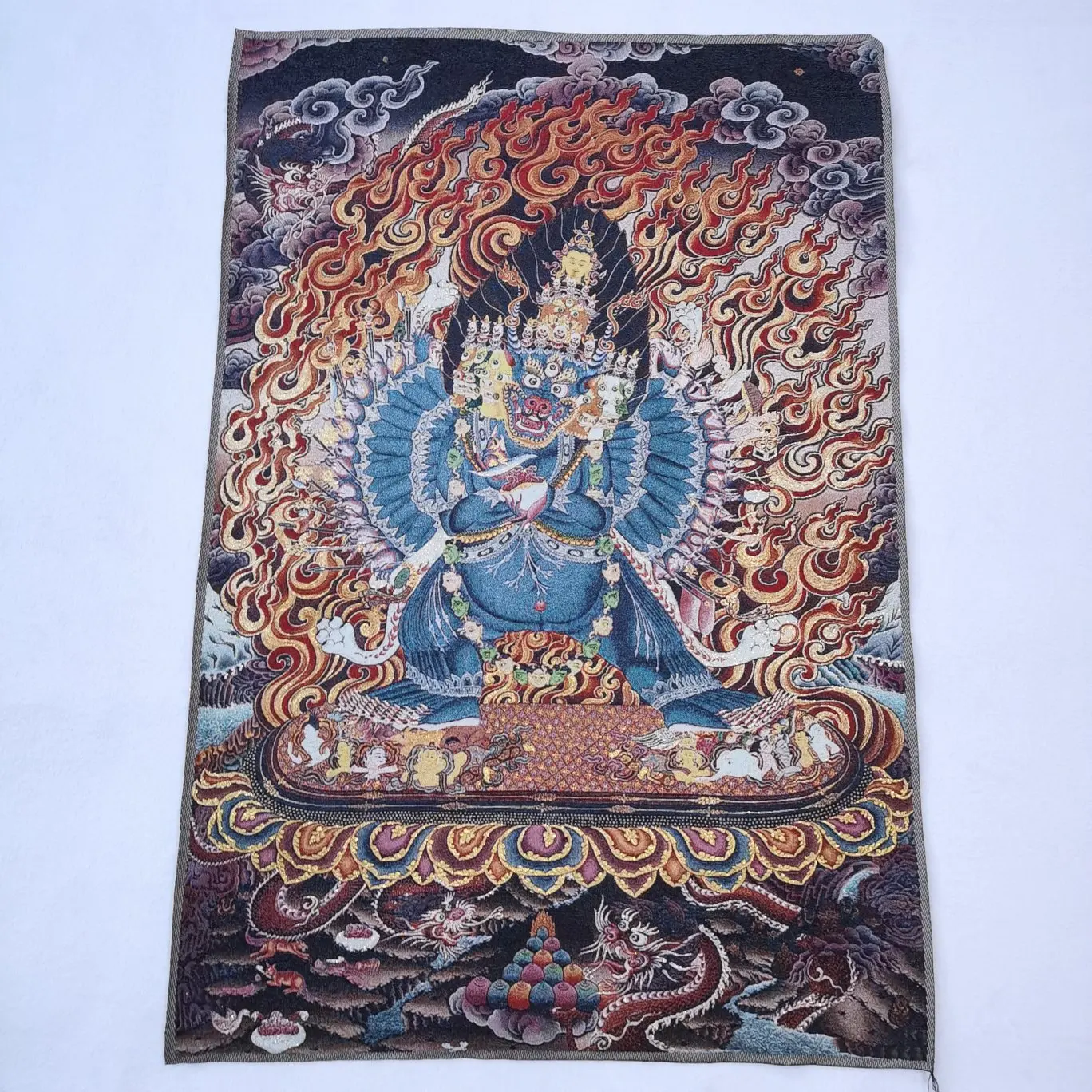 

36" Tibet Tibetan Embroidered Cloth Silk Buddhism Buddha Yamantaka Yama Dharmaraja Tangka Thangka Mural Buddha Home Decor