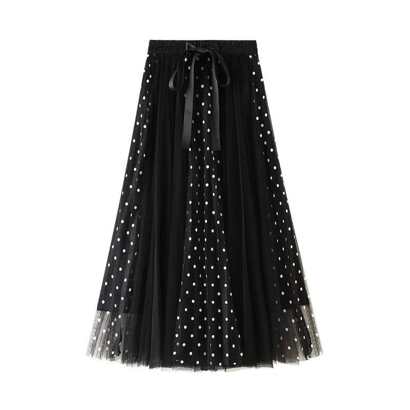 

Women Fashion Polka Dot Skirt Casual Summer Mesh Yarn Stitching High Waist A Line Mid Length Skirt Loose Streetwear