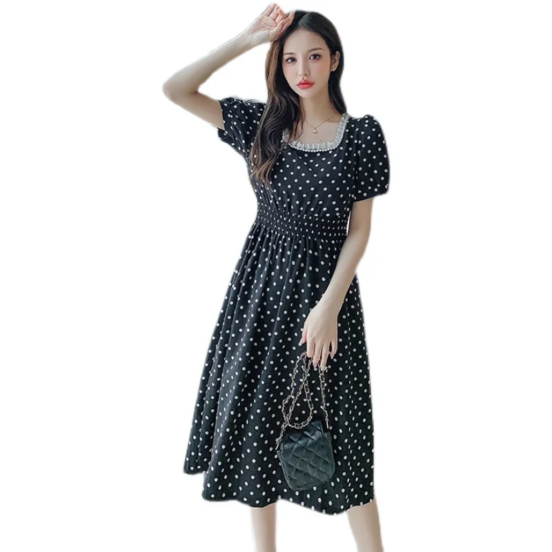

COIGARSAM Vintage Polka Dot Women one-piece dress korean New Spring Summer Loose Square Collar Dresses Black White 3129