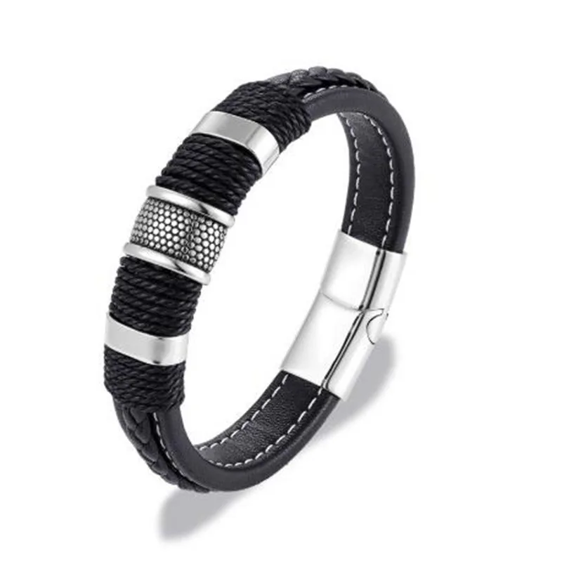 

Fashionable Men's Leather Woven Metal Magnetic Buckle Bracelet Classic Style Rock Party Rider Jewelry