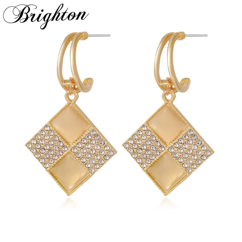 

Brighton 2021 Vintage Square Opal Crystal Dangle Drop Earrings For Women Fashion Geometric Metal Brincos New Trendy Jewelry Gift