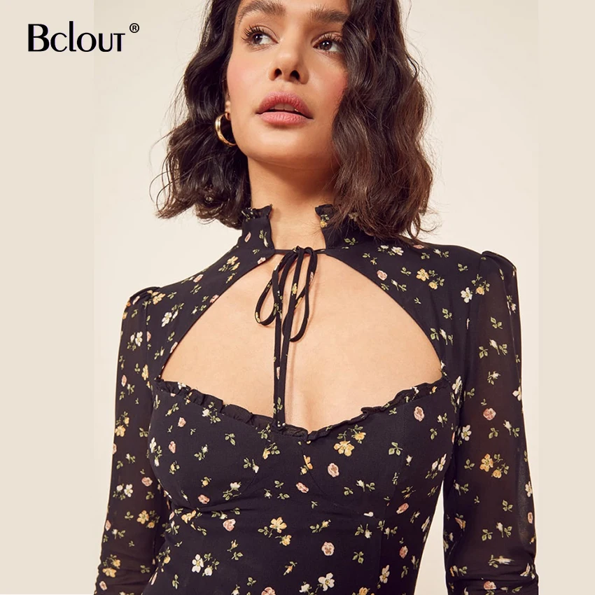 Винтажное Черное Осеннее женское шифоновое платье с длинным рукавом лямкой на