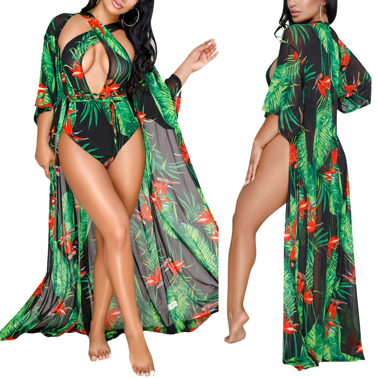 

Женский сексуальный прозрачный слитный купальник с глубоким V-образным вырезом, кружевным принтом, без рукавов, свободный пиджак, комплект ...