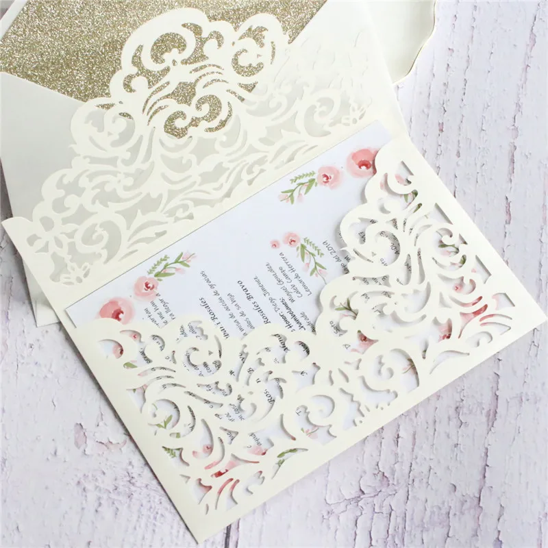 Полые свадебные приглашения с блестящим золотым конвертом розовый цвет слоновой