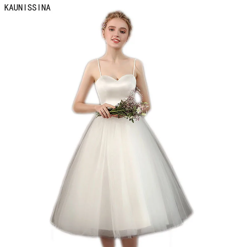 

KAUNISSINA Short Wedding Dresses Sweetheart Knee-Length Spaghetti Straps Sleeveless Bridal Dress Women Simple Bride Gowns Robe
