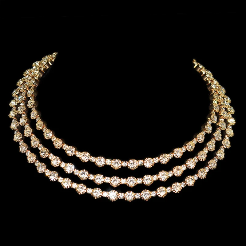 Chokers 3 Row-Gold NEW Gold silver Metal Rhinestone Collar Necklaces for Women Round 3Row collar mujer collares Fashion Jewelry Choker Wholesale - Окраска металла: Chokers 3 Row-Gold