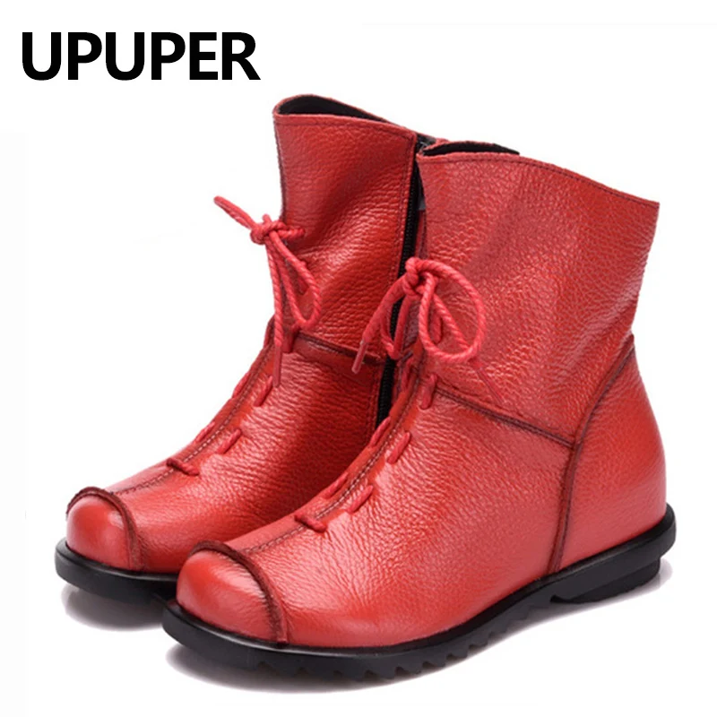 UPUPER Genuine Leather Women's Shoes Handmade Moccasins Shoes Women Booties High Quality Winter Shoes Warm Leather Ankle Boots