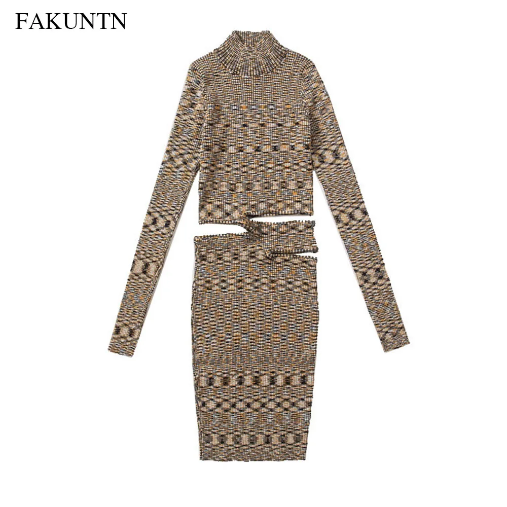 

FAKUNTN Knitted Dress Women Clothes 2020 Autumn Winter Female Dew Waist Design Stretch Sexy Long-Sleeve Women's Dress Vestidos