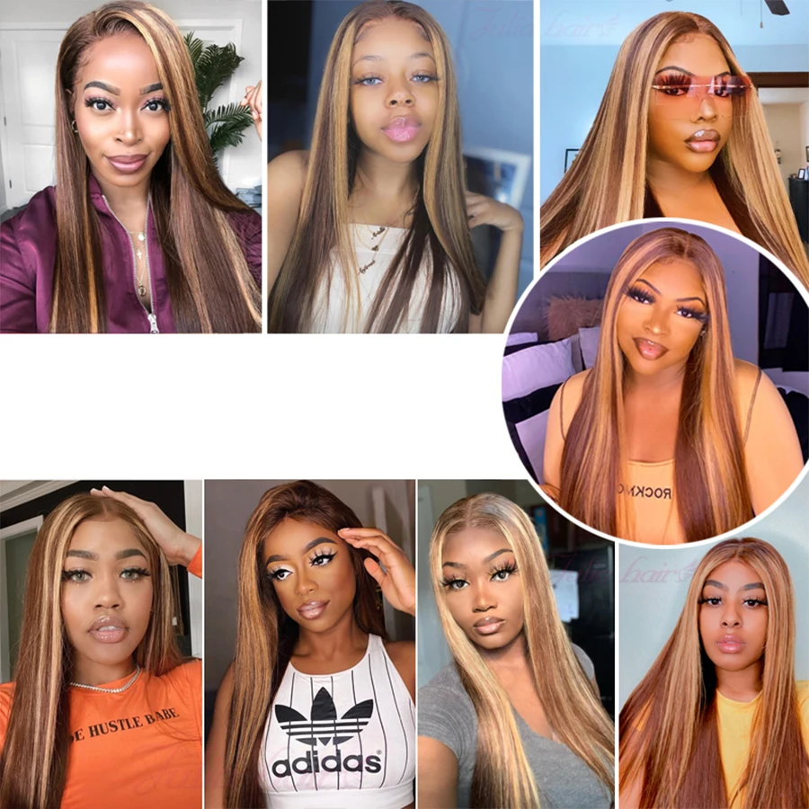13x4 Highlight Wig Lace Frontal Human Hair Wigs Honey Blonde Brazilian Straight 4x4 HD Closure Remy For Women | Шиньоны и парики