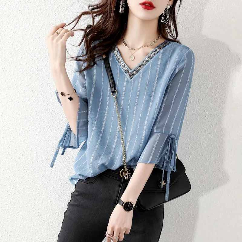 

Sequined Chiffon Women Blouse Summer New 2021 V-Neck Flare Sleeved Slim Solid Elegant Office Lady Pulls Tops