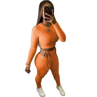 women two piece set elastic hight ribbed fitness tracksuits long sleeve bandage crop top and side hollow pencil pant sweatsuit