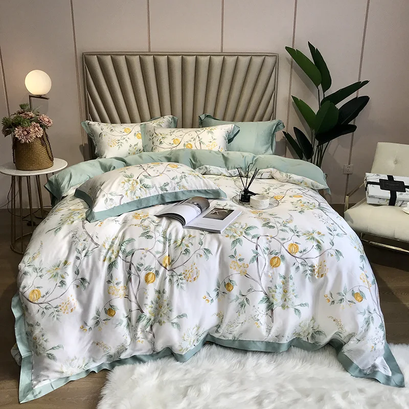 

Bedding Set 60 Double-sided Lenzing Tencel Four-piece Duvet Cover Simple Nude Sleeping Sheets Double Ice-skating Floral Bedding