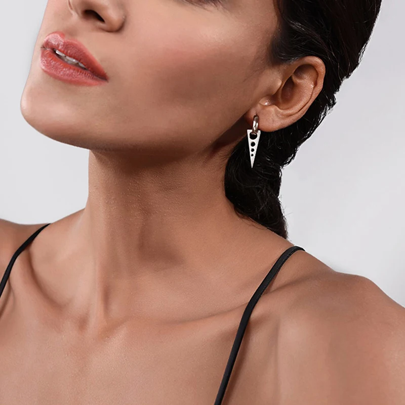 

Simple Geometric Dangle Earrings for Women,Triangle Round Hollow Drop, Minimalist Stainless Steel Ear Clip Accessory
