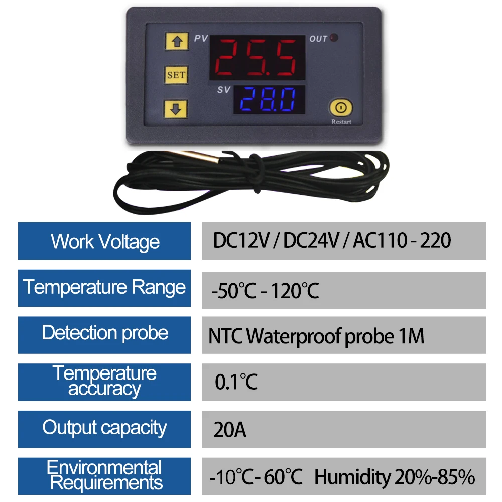 W3230 цифровой Контроль температуры 12V 24V AC110-220V щупа 20A светодиодный Дисплей
