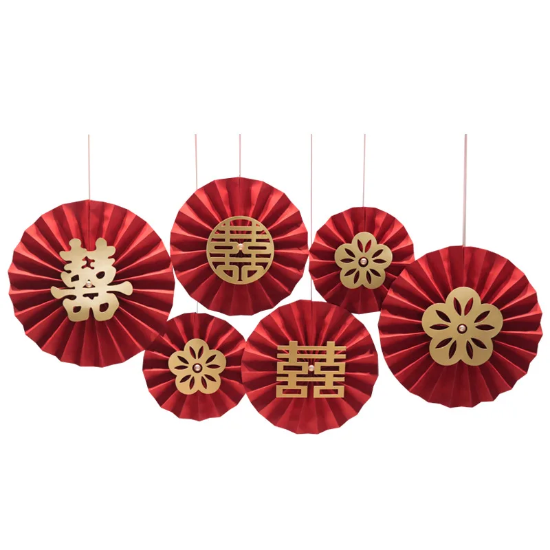 

Wedding Decoration Chinese Style Paper Fan Double Happiness Wall Stickers Valentine Day Wall Decoration Party Festival Supplies