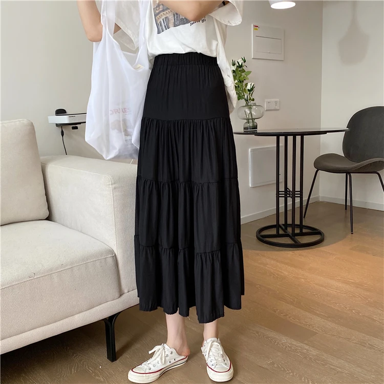 satin skirt Spring Summer Women Chiffon Skirts Vintage High Waist Elastic Patchwork White Black Chic Long Cake A-line Skirt for Student mini skirt