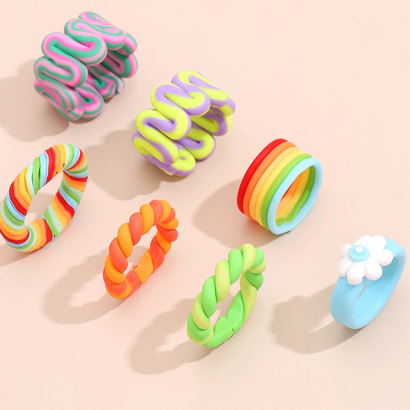 

Korea Charms Soft Pottery Candy Color Geometric Ring For Women Fashion Cute Punk Vintage Harajuku Rings Y2k Jewelry Gift 2021