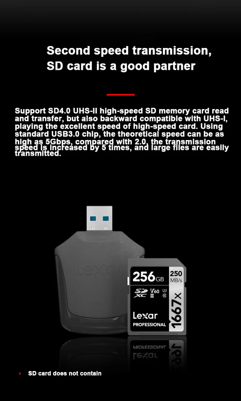 Lexar картридер Профессиональный USB 3,0 кардридер SD карта SDHC SDXC высокоскоростная карта памяти Однопортовый UHS-II кардридер