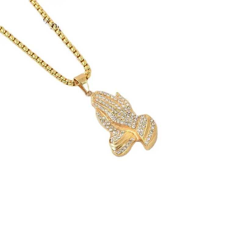

Black Knight Bling Bling full rhinestone Praying hands necklace Gold color stainless steel Christian pendant necklace BLKN0427