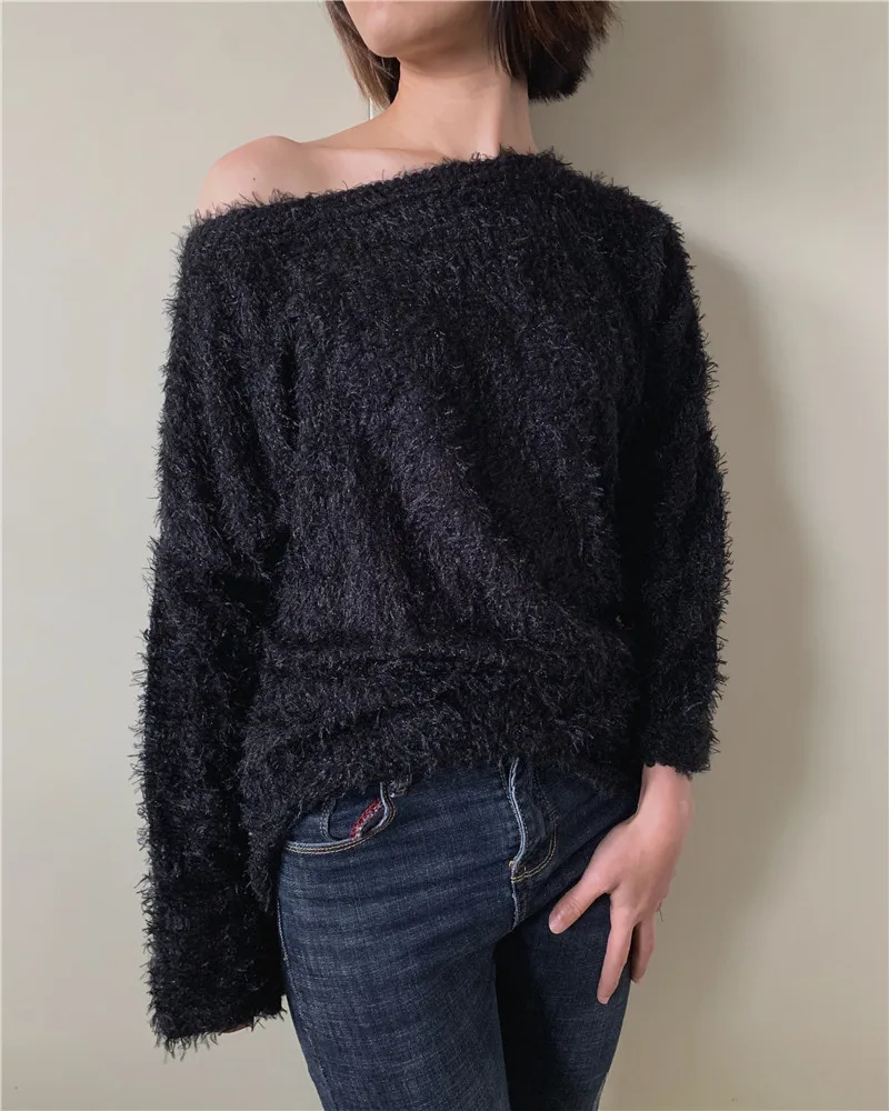 

Strapless Fuzzy Loose Sweater Women Long Sleeve Solid Knitted Pullovers Winter Casual Tops Lady