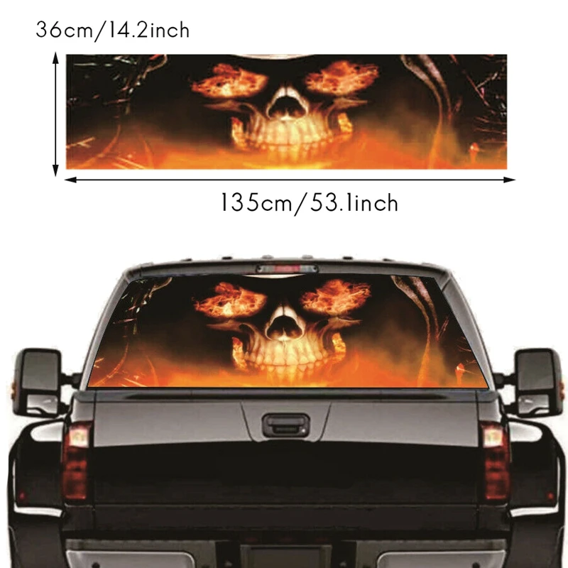 

Flame Skull for Truck Jeep Suv Pickup 3D Rear Windshield Decal Sticker Decor Rear Window Glass Poster 53.1 x 14.2 Inch