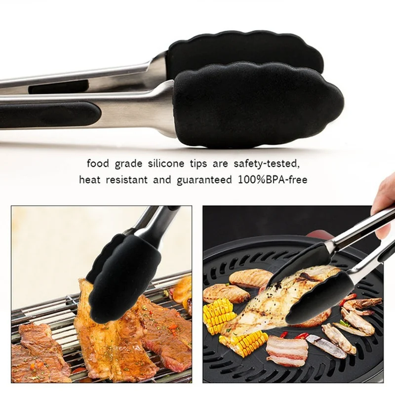 

BBQ Silicone Food Tong Stainless Steel Kitchen Tongs Silicone Non-slip Cooking Clip Salad Tools Clamp Grill Kitchen Accessories