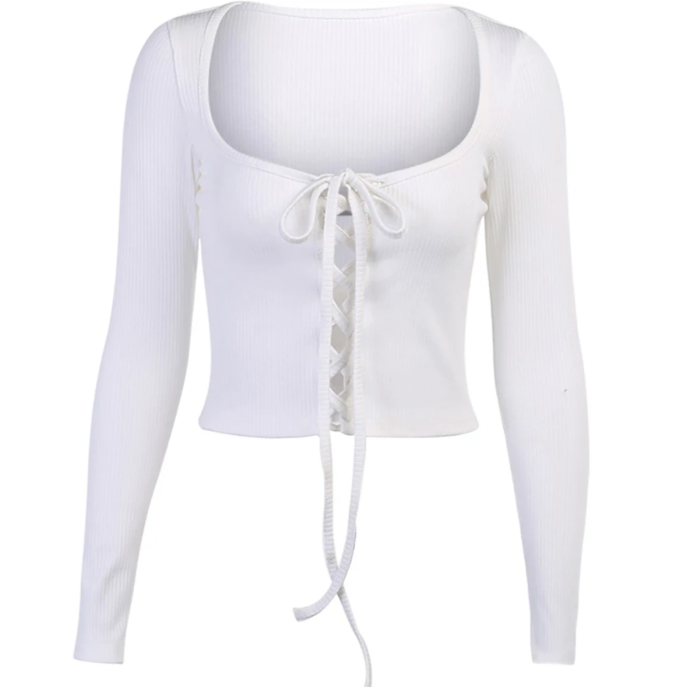 

Women Sexy Solid Color Lace-Up Long Sleeve Blouse Slim Tee