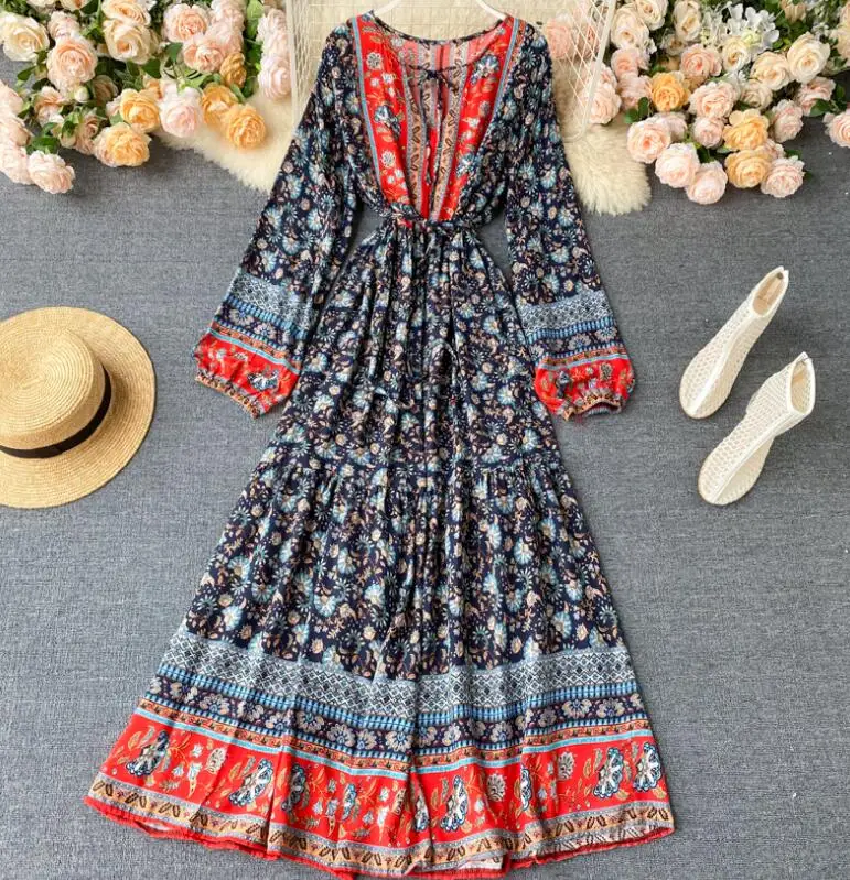 

Women's spring summer runway fashion long sleeve vintage national dress female casual loose travel beach chic dress TB258