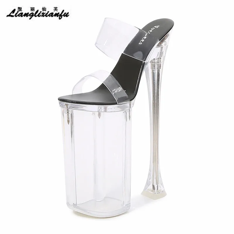 

Summer RED Sandals Stripers Stiletto Shoes woman 26cm Ultra High Thin Heels Wedding Pumps Transparent PVC Platform zapatos mujer