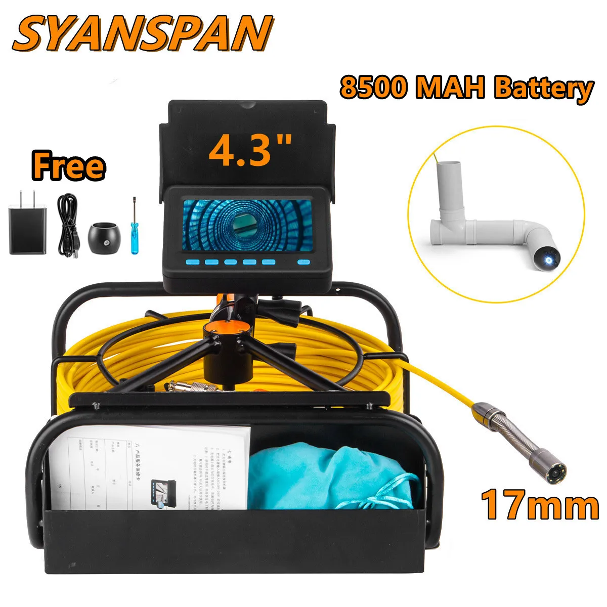 

NEW 8500mAh Battery Capacity HD Screen 10-50M Pipeline Camera SYANSPAN IP68 Industrial Drain Sewer Pipe Inspection Camera