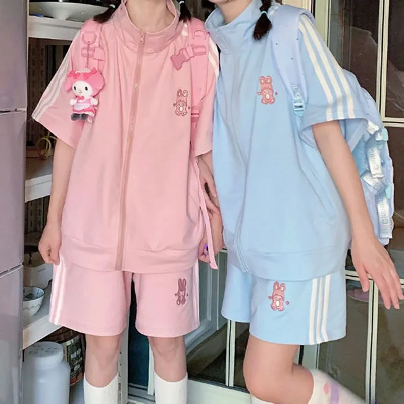 

Harajuku Women Suit Cartoon Patchwork Embroidery Rabbit Y2K Zipper Shirt Short Pants Women Casual JK Two Pieces Set