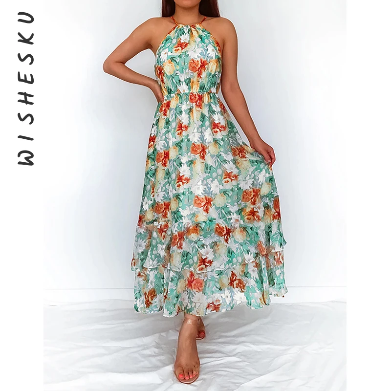 

Floral Printed Long Dress Women Sexy Halter Lace Up Sleeveless Sundress Holiday Beach Elagant Robe 2021 Summer Boho Clothes