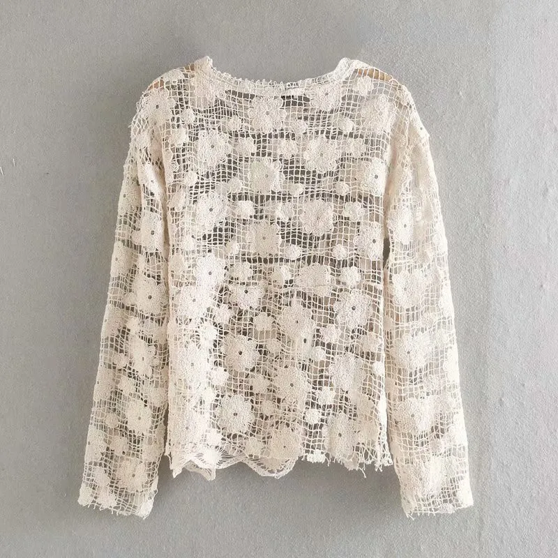 

Fashion Za Crochet Shirts Women 2020 Summer Long Sleeve O-neck Blouse Sexy Semi-sheer Top Elegant Asymmetric Hem woman Shirts